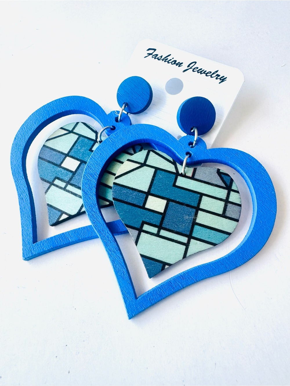 Blue Heart Lightweight Wooden Earrings - Geometric Inlay